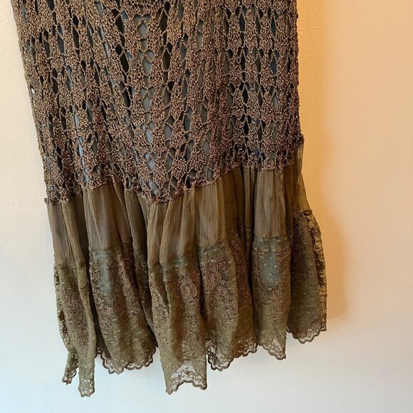 Hale Bob Emerald Green Lace Crochet 90s Vintage Velour Dress Embroidered Sz Med - Picture 3 of 9